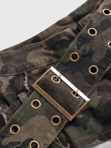 ROMWE Grunge Punk Women's Y2K Big Belt Metal Contrast Color Vintage Ultra Low Waist Millennium Hot Girl Style Distressed Mini Camo Super Short Denim Shorts - Green - View 4