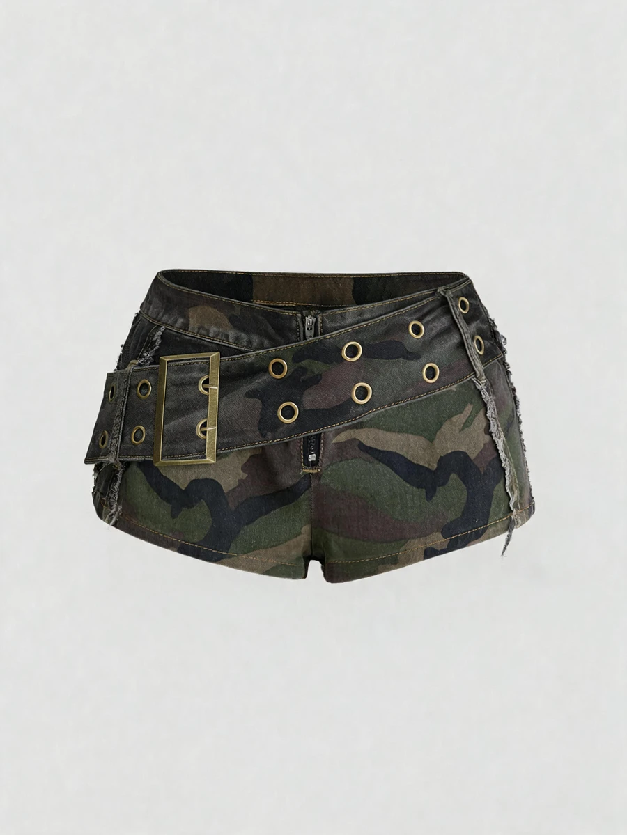 ROMWE Grunge Punk Women's Y2K Big Belt Metal Contrast Color Vintage Ultra Low Waist Millennium Hot Girl Style Distressed Mini Camo Super Short Denim Shorts - Green - View 1