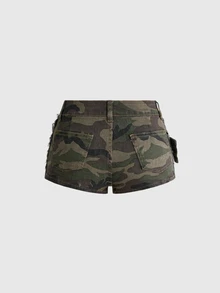 ROMWE Grunge Punk Women's Y2K Big Belt Metal Contrast Color Vintage Ultra Low Waist Millennium Hot Girl Style Distressed Mini Camo Super Short Denim Shorts - Green - View 3
