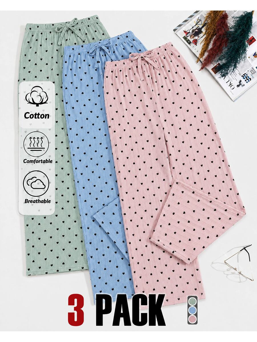 SHEIN 3 قطع ملابس نوم سفلية للنساء باللون الأخضر والأزرق والوردي والأسود، ربيعية لطيفة وكاجوال - متعدد الألوان - مشاهدة 1