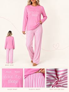 SHEIN Women Cute Sleep Print Top & Pink Striped Wide Leg Pants Homewear Set - Pink - View 9