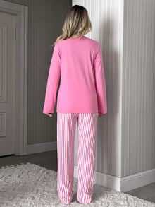 SHEIN Women Cute Sleep Print Top & Pink Striped Wide Leg Pants Homewear Set - Pink - View 2