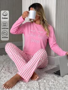 SHEIN Women Cute Sleep Print Top & Pink Striped Wide Leg Pants Homewear Set - Pink - View 7