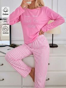 SHEIN Women Cute Sleep Print Top & Pink Striped Wide Leg Pants Homewear Set - Pink - View 1
