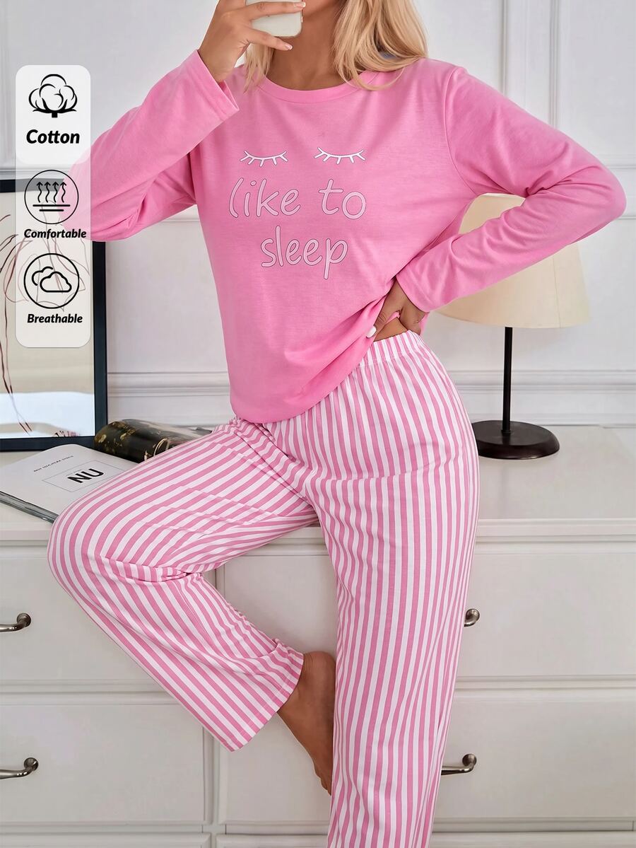 SHEIN Women Cute Sleep Print Top & Pink Striped Wide Leg Pants Homewear Set - Pink - View 1