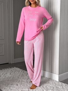 SHEIN Women Cute Sleep Print Top & Pink Striped Wide Leg Pants Homewear Set - Pink - View 8