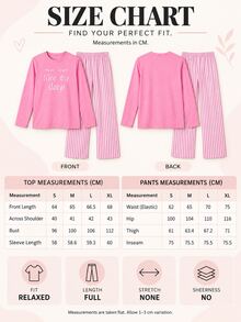 SHEIN Women Cute Sleep Print Top & Pink Striped Wide Leg Pants Homewear Set - Pink - View 3