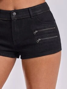 ROMWE Y2K Hot Girl Black Versatile Plus Size Women's Zipper Design Denim Shorts - Black - View 3