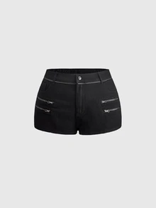 ROMWE Y2K Hot Girl Black Versatile Plus Size Women's Zipper Design Denim Shorts - Black - View 7