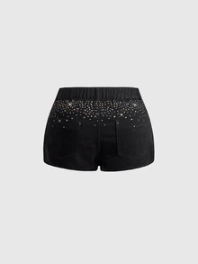 ROMWE Y2K Hot Girl Black Versatile Plus Size Women's Zipper Design Denim Shorts - Black - View 6