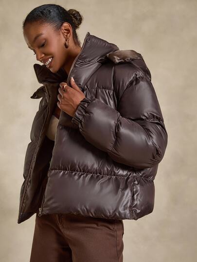 SHEIN Petite Women's Dark Brown Ultra Puffer Jacket With Removable Hood, Ultra Padded, Loose Fit Going Out Everyday Travel Club Winter Minimalist Casual