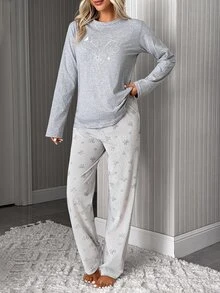 SHEIN Cottnline طقم بيجامة نسائي بقمة بأكمام طويلة مطبوعة بقلب & بنطال بنقشة فيونكة - أزرق بحري - مشاهدة 3