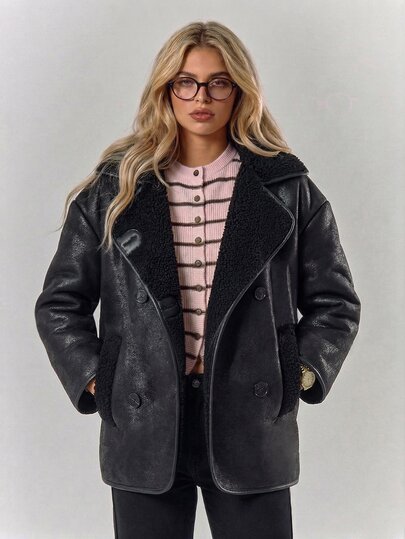 RueChic Black Teddy Lined Faux Shearling Fall/Winter Coat – Women's Warm Oversized Streetwear Casual Elegant Jacket Everyday Going Out Club