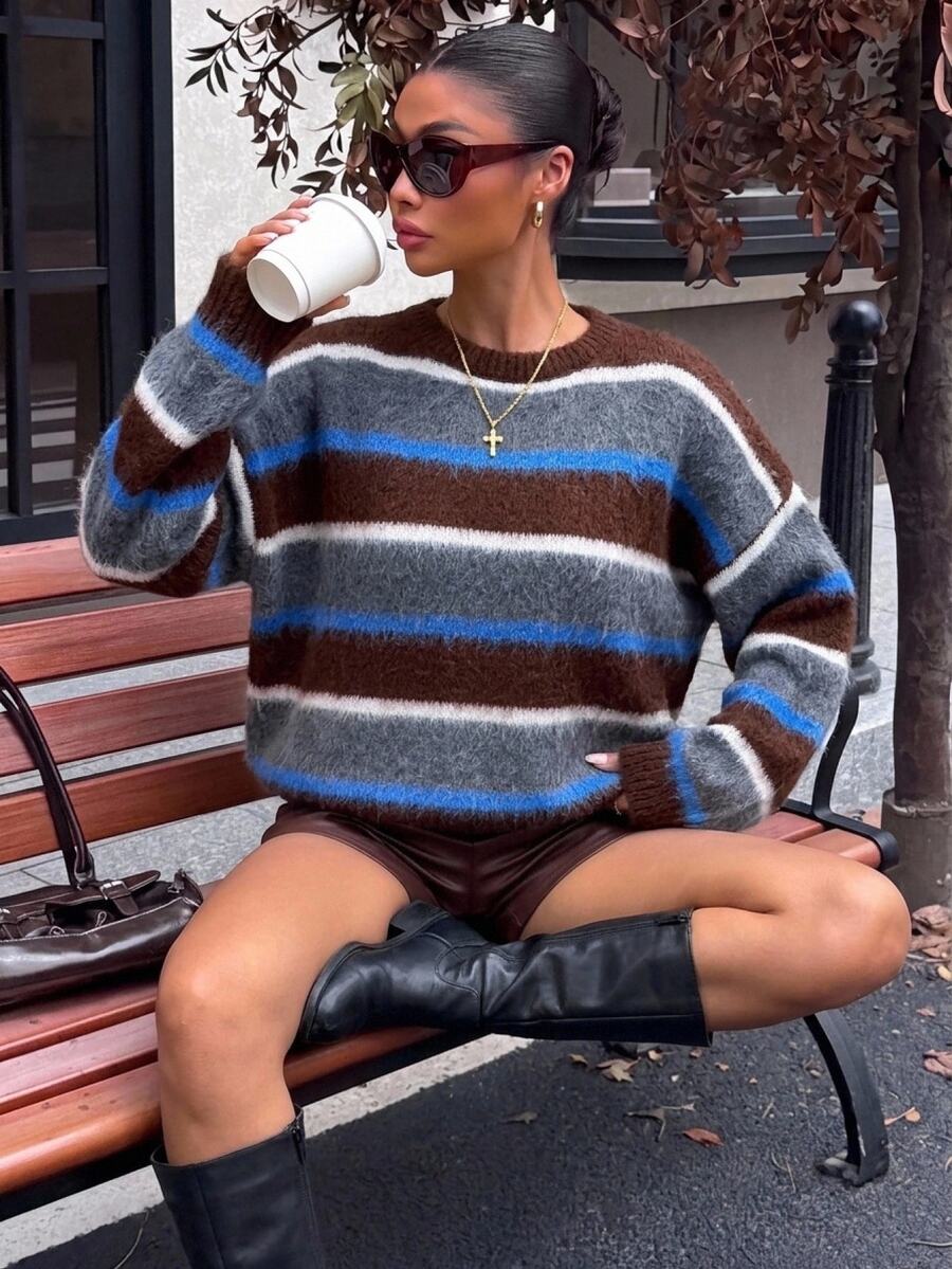 SHEIN Hairy Multi Stripe Casual Streetwear Knit Sweater Travel Grey Plaid Autumn Winter - Brown - View 1