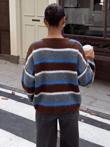 SHEIN Hairy Multi Stripe Casual Streetwear Knit Sweater Travel Grey Plaid Autumn Winter - Brown - View 2