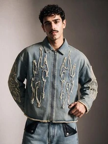 AXEPEAK Men's Washed Vintage Retro Applique Embroidered Zip-Up Long Sleeve Top - Blue - View 1