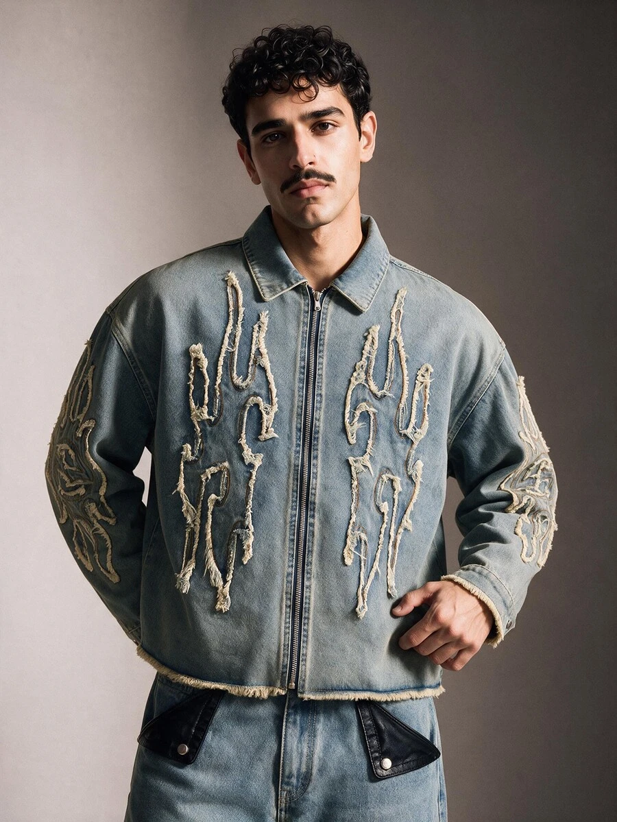 AXEPEAK Men's Washed Vintage Retro Applique Embroidered Zip-Up Long Sleeve Top - Blue - View 1