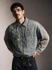 AXEPEAK Men's Washed Vintage Retro Applique Embroidered Zip-Up Long Sleeve Top - Blue - View 9