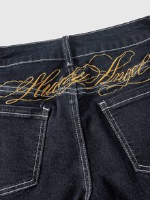ROMWE Women's Y2K Hot Girl All-Match Versatile Retro Ultra Low Waist Denim Mid-Length Shorts With Back Pocket English Letter Embroidery - Blue - View 2