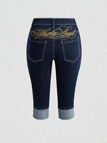 ROMWE Women's Y2K Hot Girl All-Match Versatile Retro Ultra Low Waist Denim Mid-Length Shorts With Back Pocket English Letter Embroidery - Blue - View 1