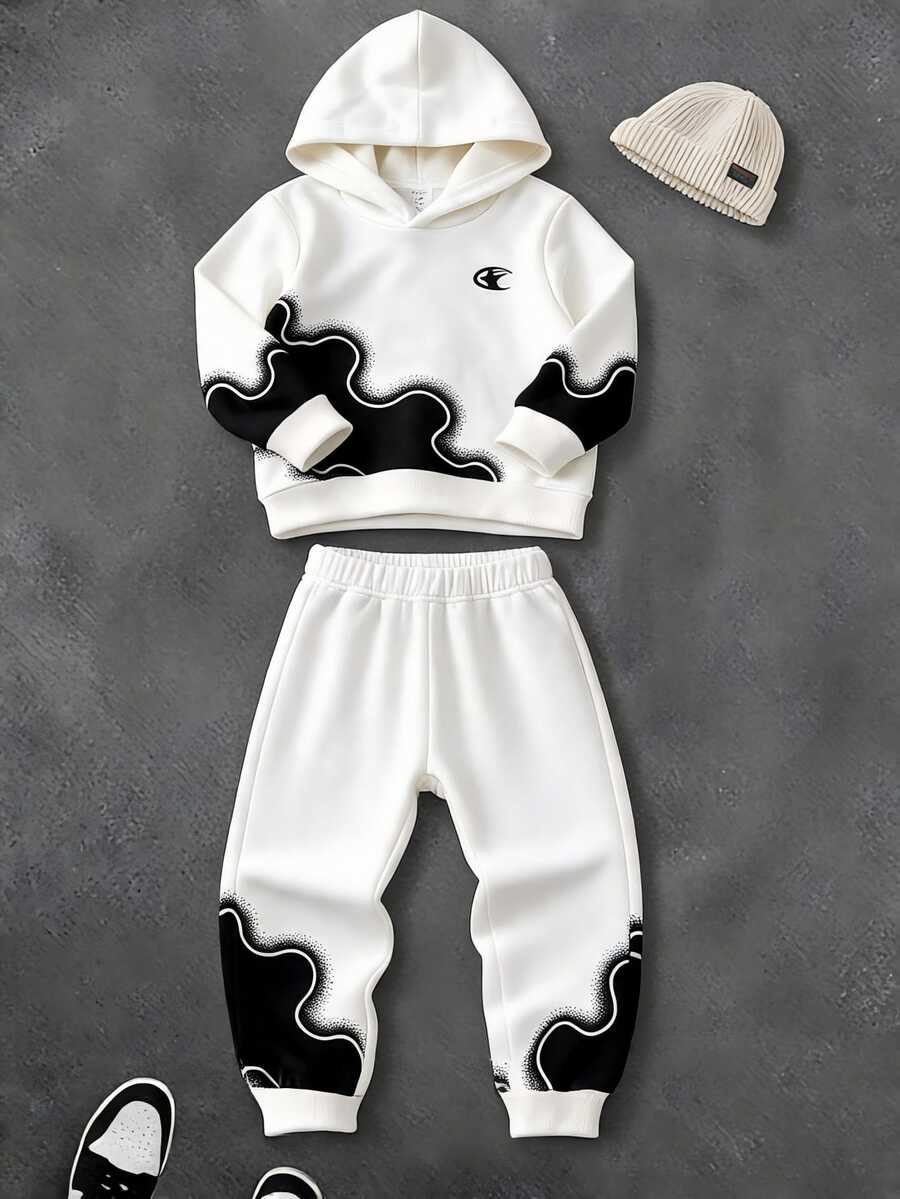 SHEIN 男童秋冬連帽衛衣與錐形長褲套裝,墨跡噴濺印花運動套裝,適合秋冬日常穿著 - 米色 - 查看 1