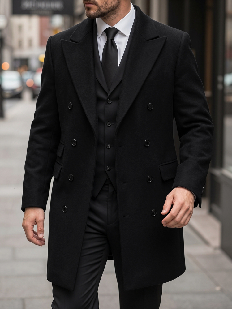 Manfinity Homme Men's Solid Color Double-Breasted Button Front Long-Sleeve Coat With Pockets, Autumn Wear, Winter Outfit - Black - View 3