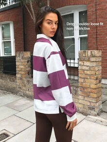 Fluxe Women Fleece Lined Polo Collar Sweatshirt Striped Color Block Half Button Pullover Oversized Drop Shoulder Gym Workout Warm Sportswear Top - Apricot - View 8