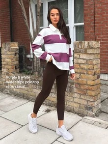 Fluxe Women Fleece Lined Polo Collar Sweatshirt Striped Color Block Half Button Pullover Oversized Drop Shoulder Gym Workout Warm Sportswear Top - Apricot - View 10