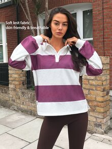 Fluxe Women Fleece Lined Polo Collar Sweatshirt Striped Color Block Half Button Pullover Oversized Drop Shoulder Gym Workout Warm Sportswear Top - Apricot - View 9