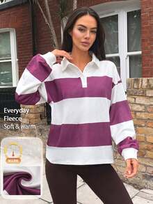 Fluxe Women Fleece Lined Polo Collar Sweatshirt Striped Color Block Half Button Pullover Oversized Drop Shoulder Gym Workout Warm Sportswear Top - Apricot - View 5