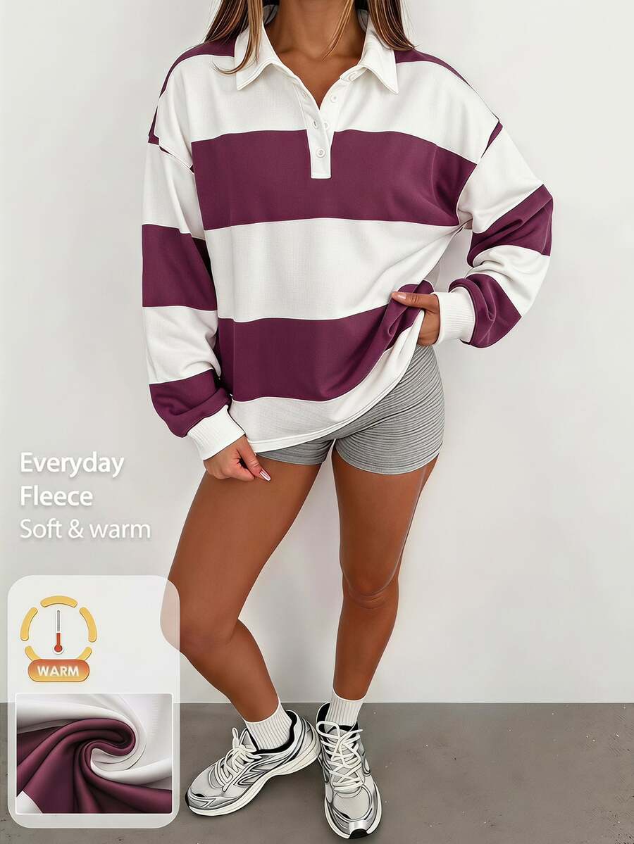 Fluxe Women Fleece Lined Polo Collar Sweatshirt Striped Color Block Half Button Pullover Oversized Drop Shoulder Gym Workout Warm Sportswear Top - Apricot - View 1