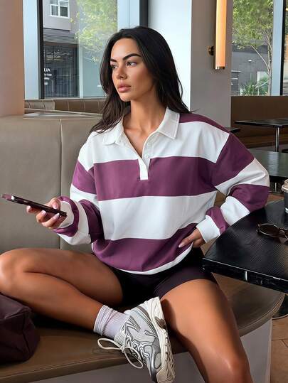 Fluxe Women Fleece Lined Polo Collar Sweatshirt Striped Color Block Half Button Pullover Oversized Drop Shoulder Gym Workout Warm Sportswear Top