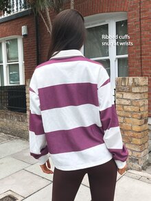 Fluxe Women Fleece Lined Polo Collar Sweatshirt Striped Color Block Half Button Pullover Oversized Drop Shoulder Gym Workout Warm Sportswear Top - Apricot - View 7