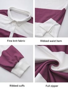 Fluxe Women Fleece Lined Polo Collar Sweatshirt Striped Color Block Half Button Pullover Oversized Drop Shoulder Gym Workout Warm Sportswear Top - Apricot - View 4