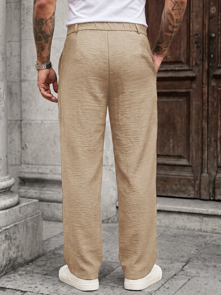 Manfinity CasualCool Pantalones casuales de mezcla de lino para hombre, pantalones negros de corte holgado, pantalones transpirables con cordón, estilo vintage de moneda antigua - Caqui - Añade 2