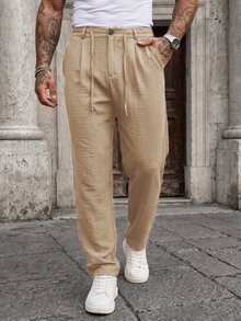 Manfinity CasualCool 男士休閒亞麻混紡長褲，黑色寬鬆抽繩透氣長褲，復古古幣風格 - 卡其色 - 查看 5