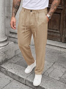 Manfinity CasualCool 男士休閒亞麻混紡長褲，黑色寬鬆抽繩透氣長褲，復古古幣風格 - 卡其色 - 查看 4
