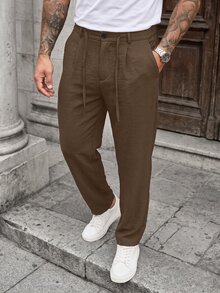 Manfinity CasualCool 男士休閒亞麻混紡長褲，黑色寬鬆抽繩透氣長褲，復古古幣風格 - 棕色 - 查看 5