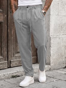 Manfinity CasualCool 男士休閒亞麻混紡長褲，黑色寬鬆抽繩透氣長褲，復古古幣風格 - 淺灰色 - 查看 3