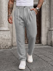 Manfinity CasualCool 男士休閒亞麻混紡長褲，黑色寬鬆抽繩透氣長褲，復古古幣風格 - 淺灰色 - 查看 4