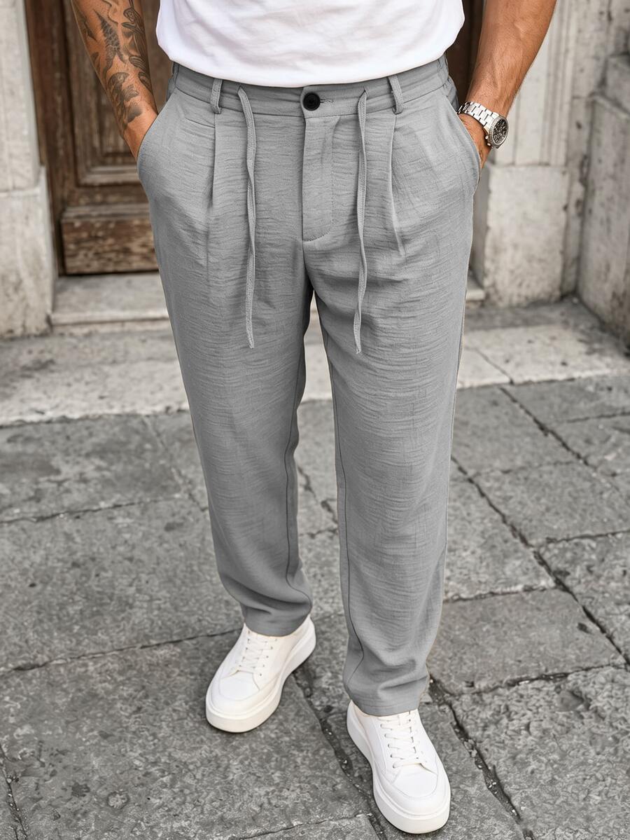 Manfinity CasualCool 男士休閒亞麻混紡長褲,黑色寬鬆抽繩透氣長褲,復古古幣風格 - 淺灰色 - 查看 1