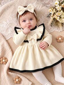 SHEIN Newborn Girl Long Sleeve Dress Sweet Elegant Apricot Black Ribbed Bow Ruffle Flutter Round Neck Thick Birthday Fall Princess Cozy Fleece - Apricot - View 1