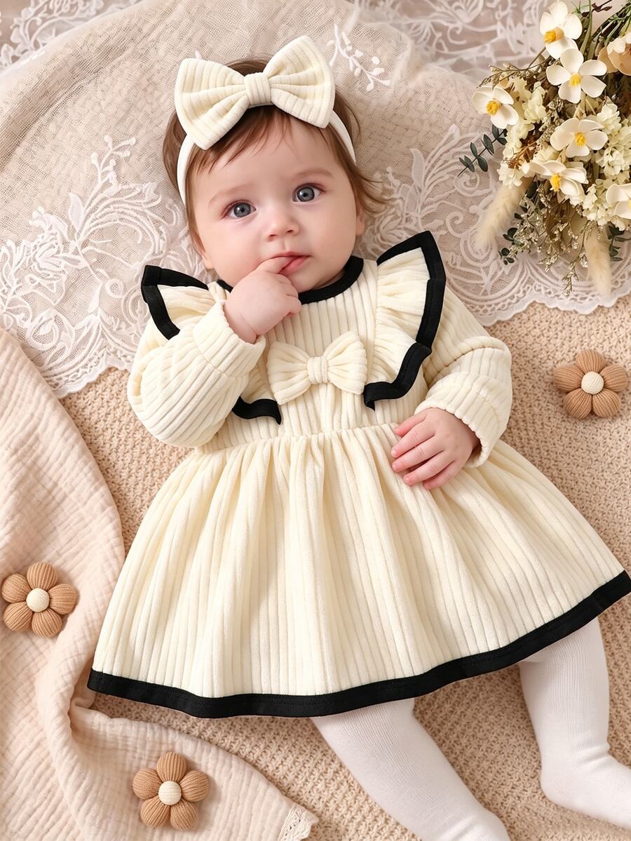 SHEIN Newborn Girl Long Sleeve Dress Sweet Elegant Apricot Black Ribbed Bow Ruffle Flutter Round Neck Thick Birthday Fall Princess Cozy Fleece - Apricot - View 1