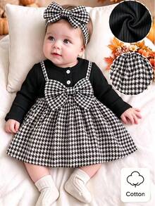 SHEIN 2pcs Newborn Baby Girl Houndstooth Dress Set Cute Elegant Black White Houndstooth Bow Ribbed Long Sleeve Round Neck Party Fall Princess Cozy A-Line - Black - View 2