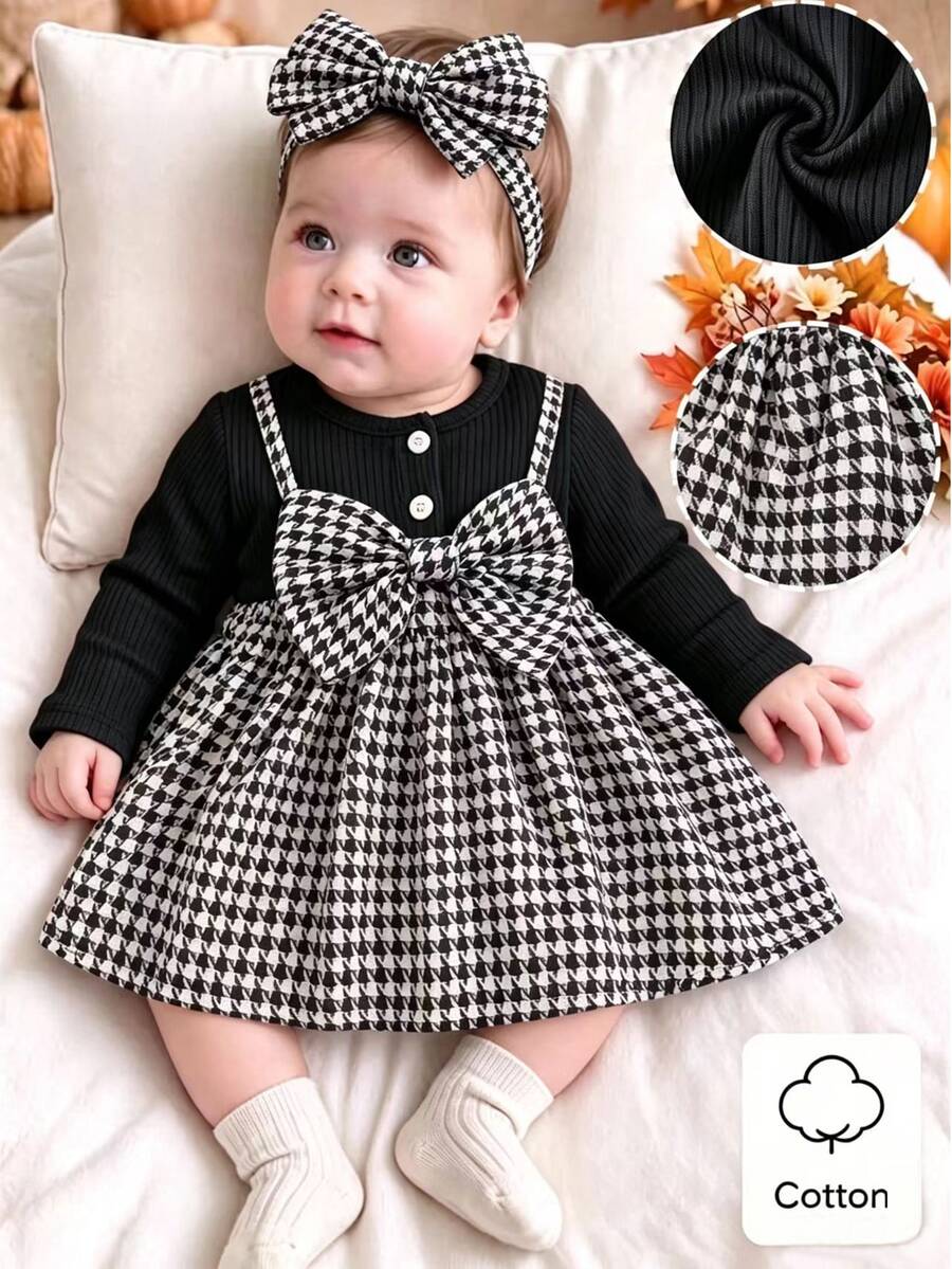 SHEIN 2pcs Newborn Baby Girl Houndstooth Dress Set Cute Elegant Black White Houndstooth Bow Ribbed Long Sleeve Round Neck Party Fall Princess Cozy A-Line