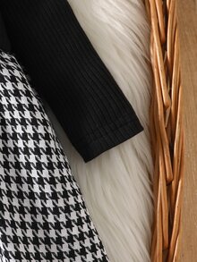 SHEIN 2pcs Newborn Baby Girl Houndstooth Dress Set Cute Elegant Black White Houndstooth Bow Ribbed Long Sleeve Round Neck Party Fall Princess Cozy A-Line - Black - View 7