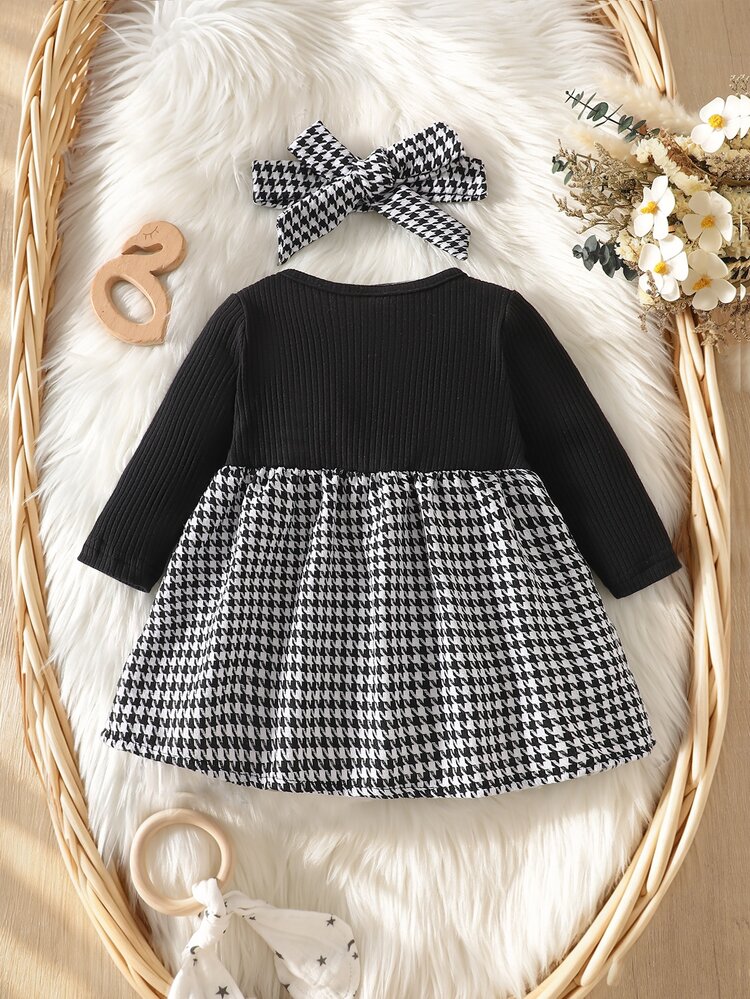 SHEIN 2pcs Newborn Baby Girl Houndstooth Dress Set Cute Elegant Black White Houndstooth Bow Ribbed Long Sleeve Round Neck Party Fall Princess Cozy A-Line - Black - View 3