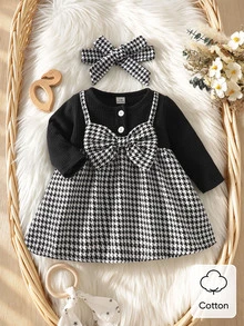 SHEIN 2pcs Newborn Baby Girl Houndstooth Dress Set Cute Elegant Black White Houndstooth Bow Ribbed Long Sleeve Round Neck Party Fall Princess Cozy A-Line - Black - View 3