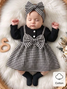 SHEIN 2pcs Newborn Baby Girl Houndstooth Dress Set Cute Elegant Black White Houndstooth Bow Ribbed Long Sleeve Round Neck Party Fall Princess Cozy A-Line - Black - View 9