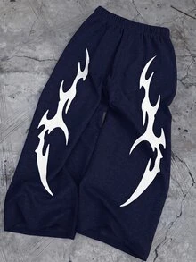 SHEIN Teen Boy Casual Comfortable Printed Colorblock Loose Straight Leg Sweatpants - Navy Blue - View 1